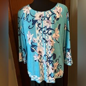 JM Collection Ocean Turquoise Combo Floral Jacquard Print Tunic Top Petite Large